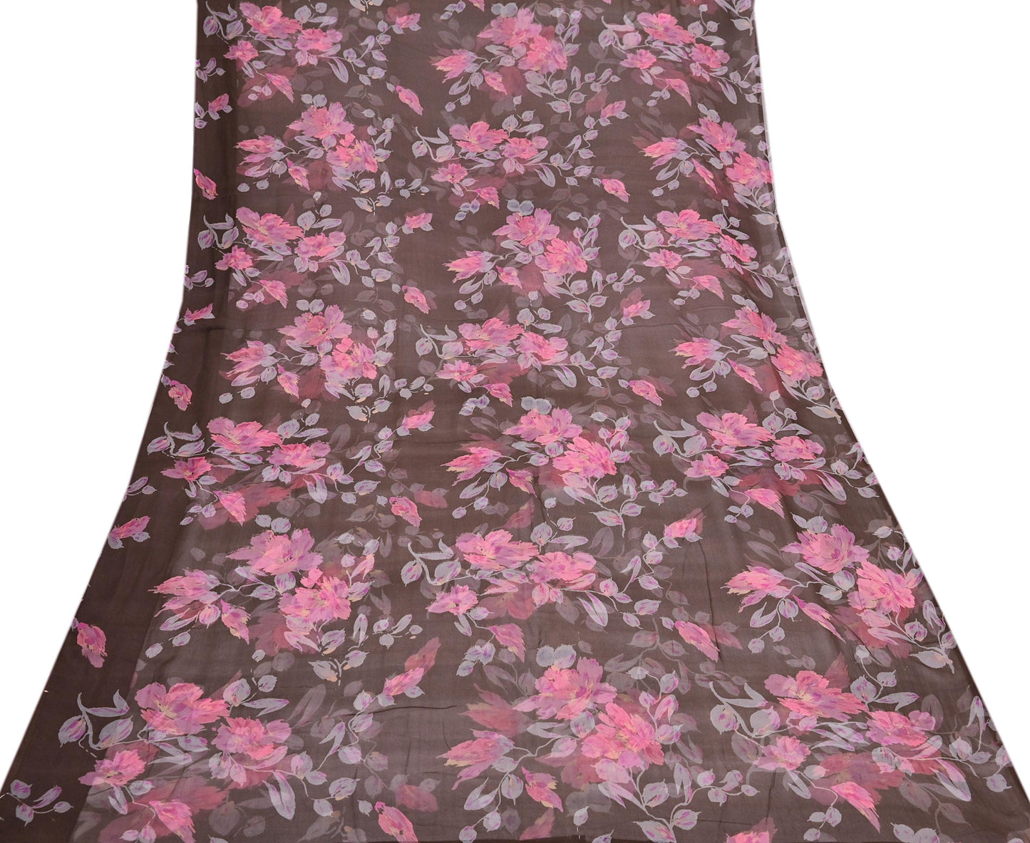 Vintage Saree Brown Pure Chiffon Silk Printed Sari Craft Fabric Sewing 5Yard Soft