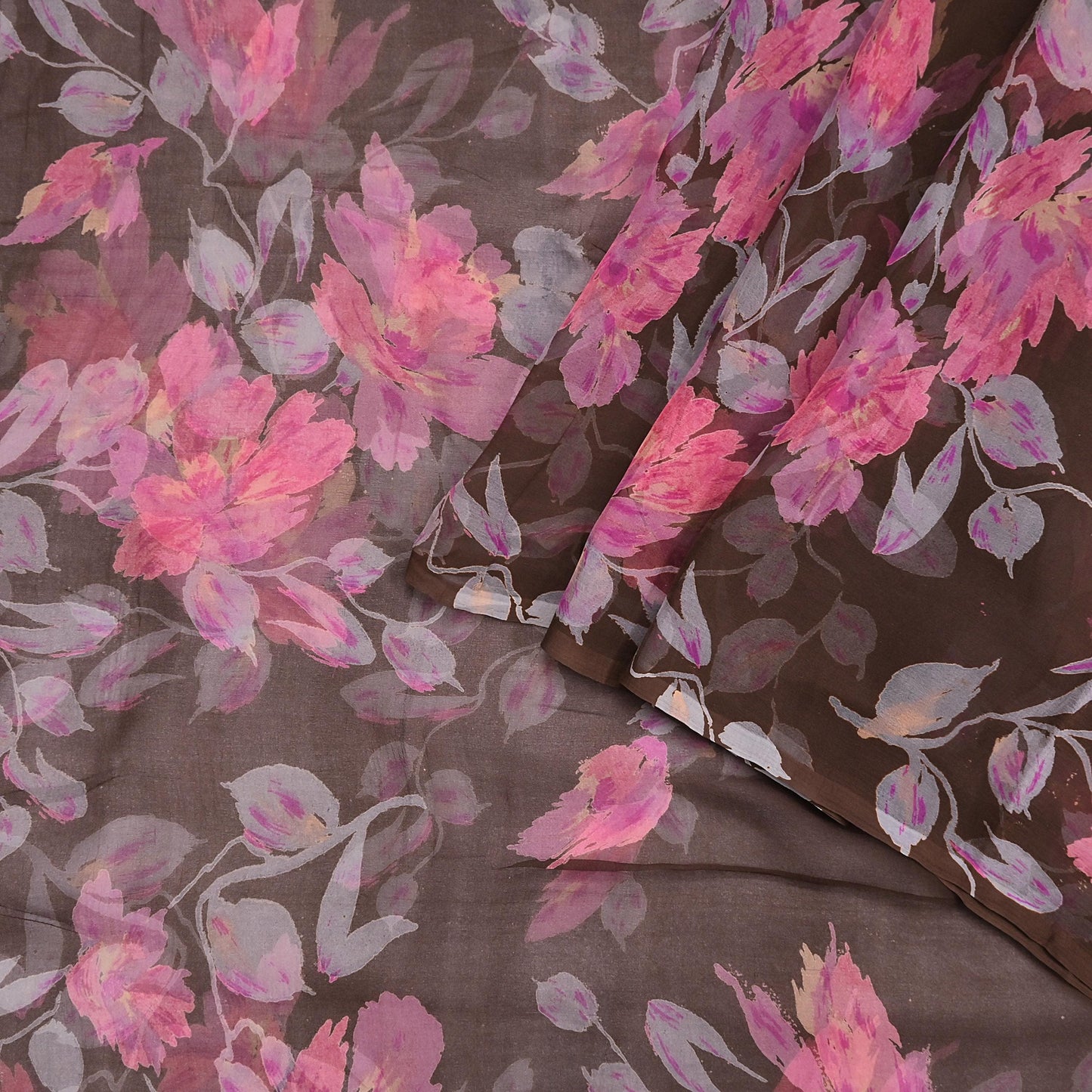 Vintage Saree Brown Pure Chiffon Silk Printed Sari Craft Fabric Sewing 5Yard Soft