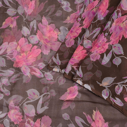 Vintage Saree Brown Pure Chiffon Silk Printed Sari Craft Fabric Sewing 5Yard Soft