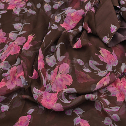 Vintage Saree Brown Pure Chiffon Silk Printed Sari Craft Fabric Sewing 5Yard Soft
