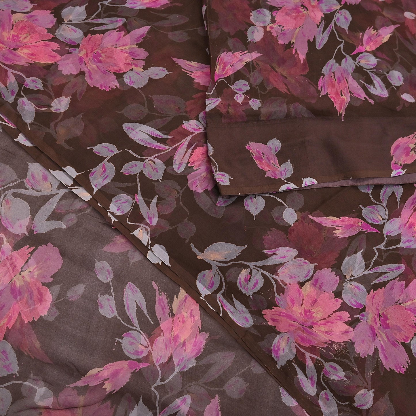 Vintage Saree Brown Pure Chiffon Silk Printed Sari Craft Fabric Sewing 5Yard Soft