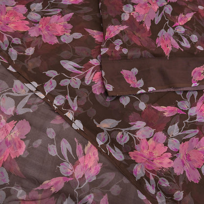 Vintage Saree Brown Pure Chiffon Silk Printed Sari Craft Fabric Sewing 5Yard Soft