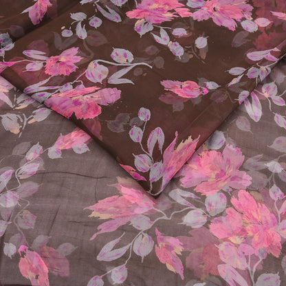 Vintage Saree Brown Pure Chiffon Silk Printed Sari Craft Fabric Sewing 5Yard Soft