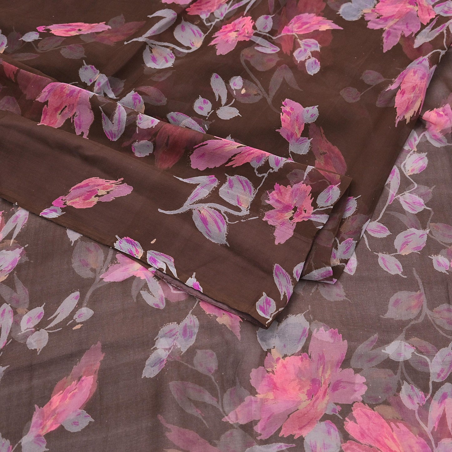 Vintage Saree Brown Pure Chiffon Silk Printed Sari Craft Fabric Sewing 5Yard Soft