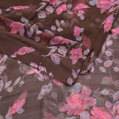 Vintage Saree Brown Pure Chiffon Silk Printed Sari Craft Fabric Sewing 5Yard Soft