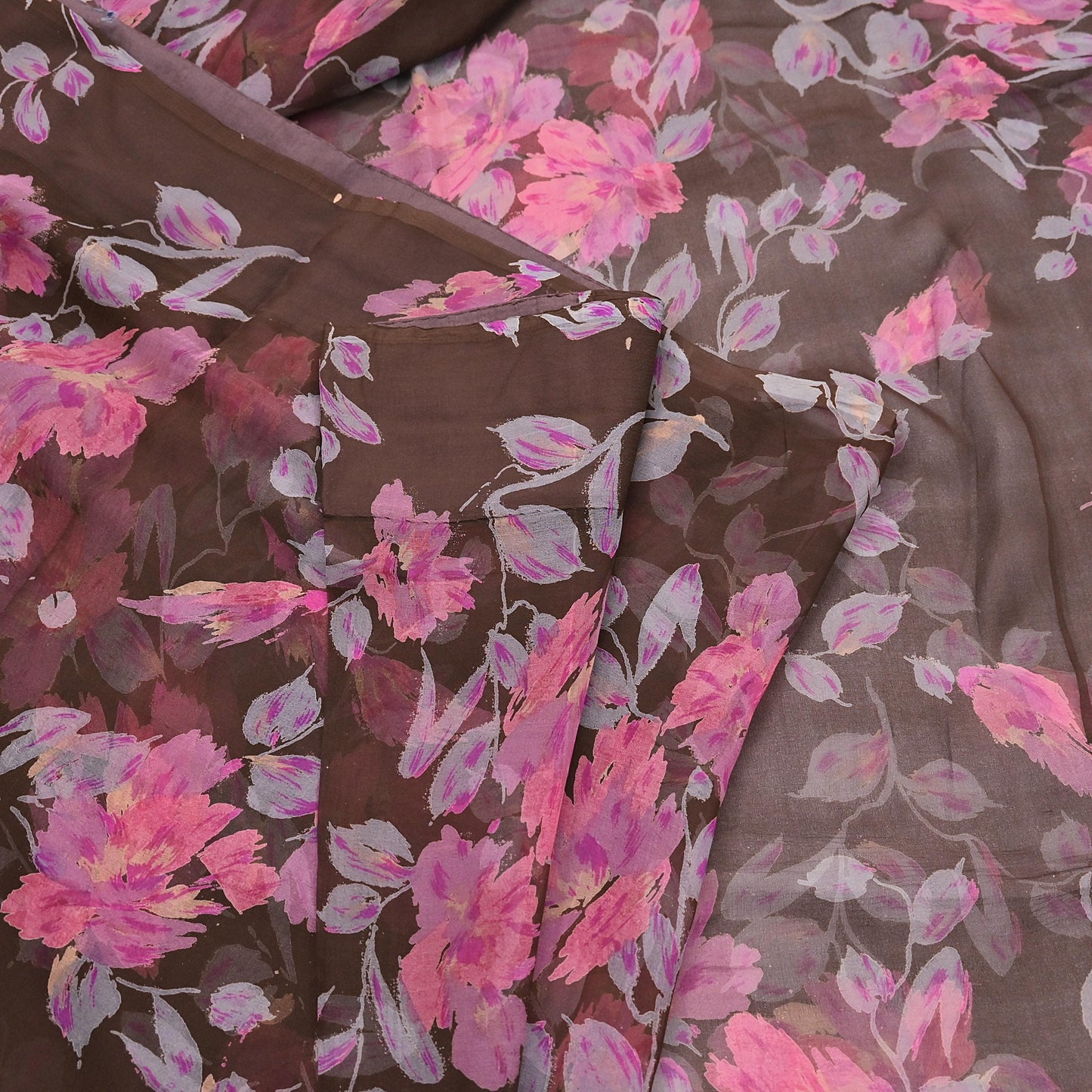 Vintage Saree Brown Pure Chiffon Silk Printed Sari Craft Fabric Sewing 5Yard Soft