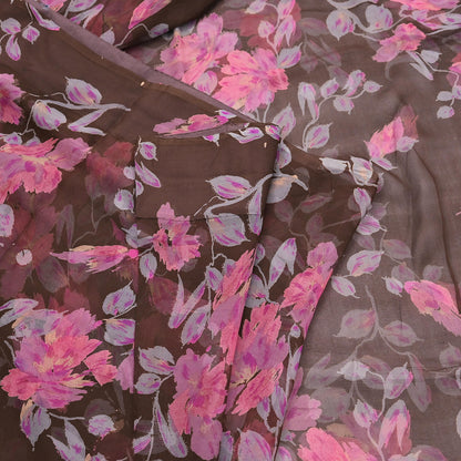 Vintage Saree Brown Pure Chiffon Silk Printed Sari Craft Fabric Sewing 5Yard Soft