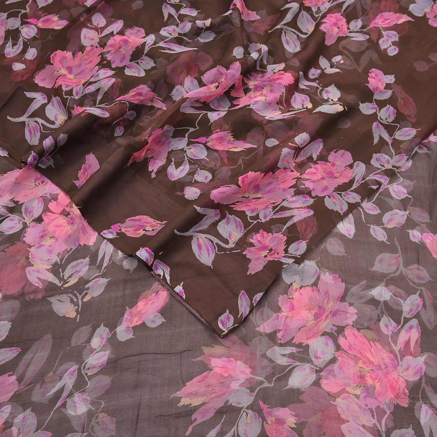Vintage Saree Brown Pure Chiffon Silk Printed Sari Craft Fabric Sewing 5Yard Soft