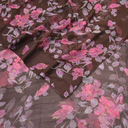 Vintage Saree Brown Pure Chiffon Silk Printed Sari Craft Fabric Sewing 5Yard Soft