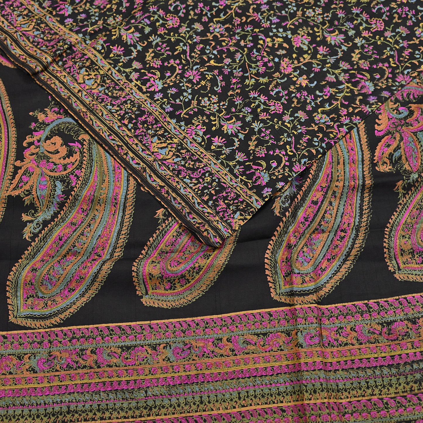 Indian Vintage Sari Black Printed Pure Silk Sarees Craft Fabric 5yd Sewing Floral Soft Dress Designing  for Crafting Quilting Upcycle Wrap