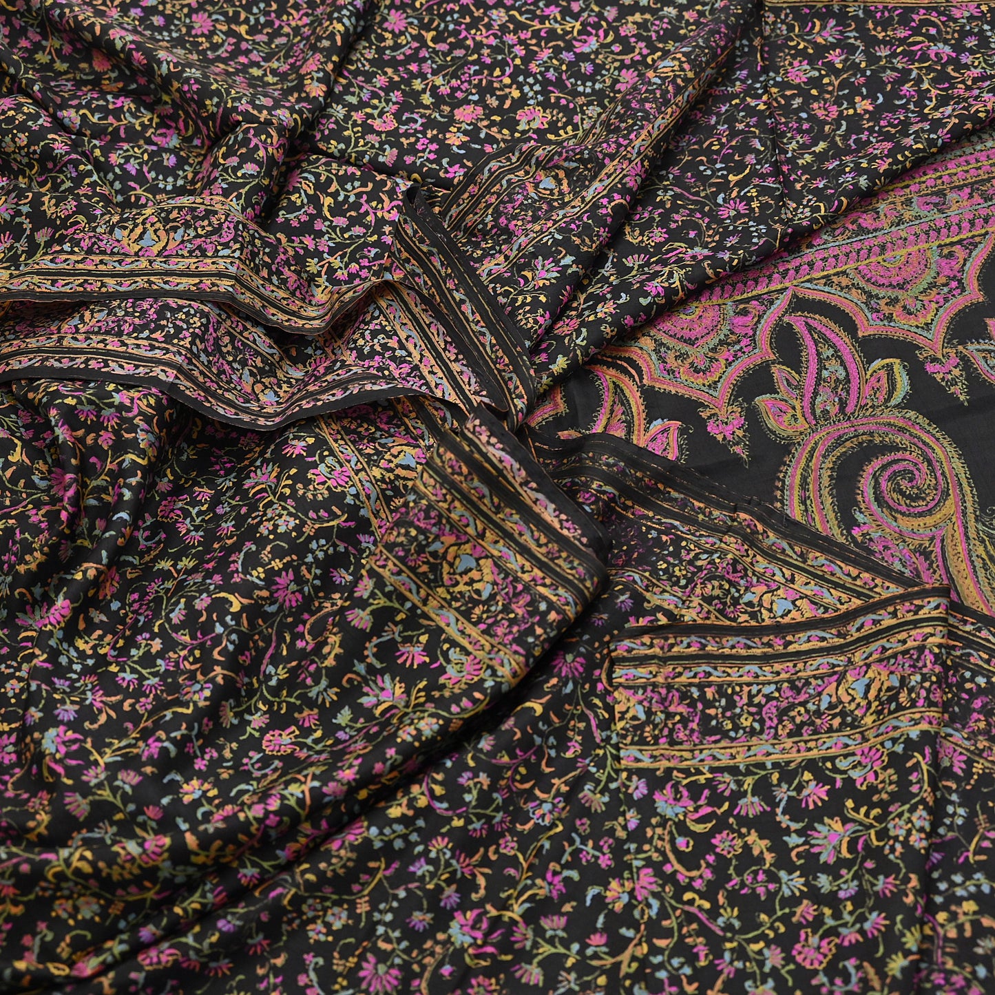 Indian Vintage Sari Black Printed Pure Silk Sarees Craft Fabric 5yd Sewing Floral Soft Dress Designing  for Crafting Quilting Upcycle Wrap