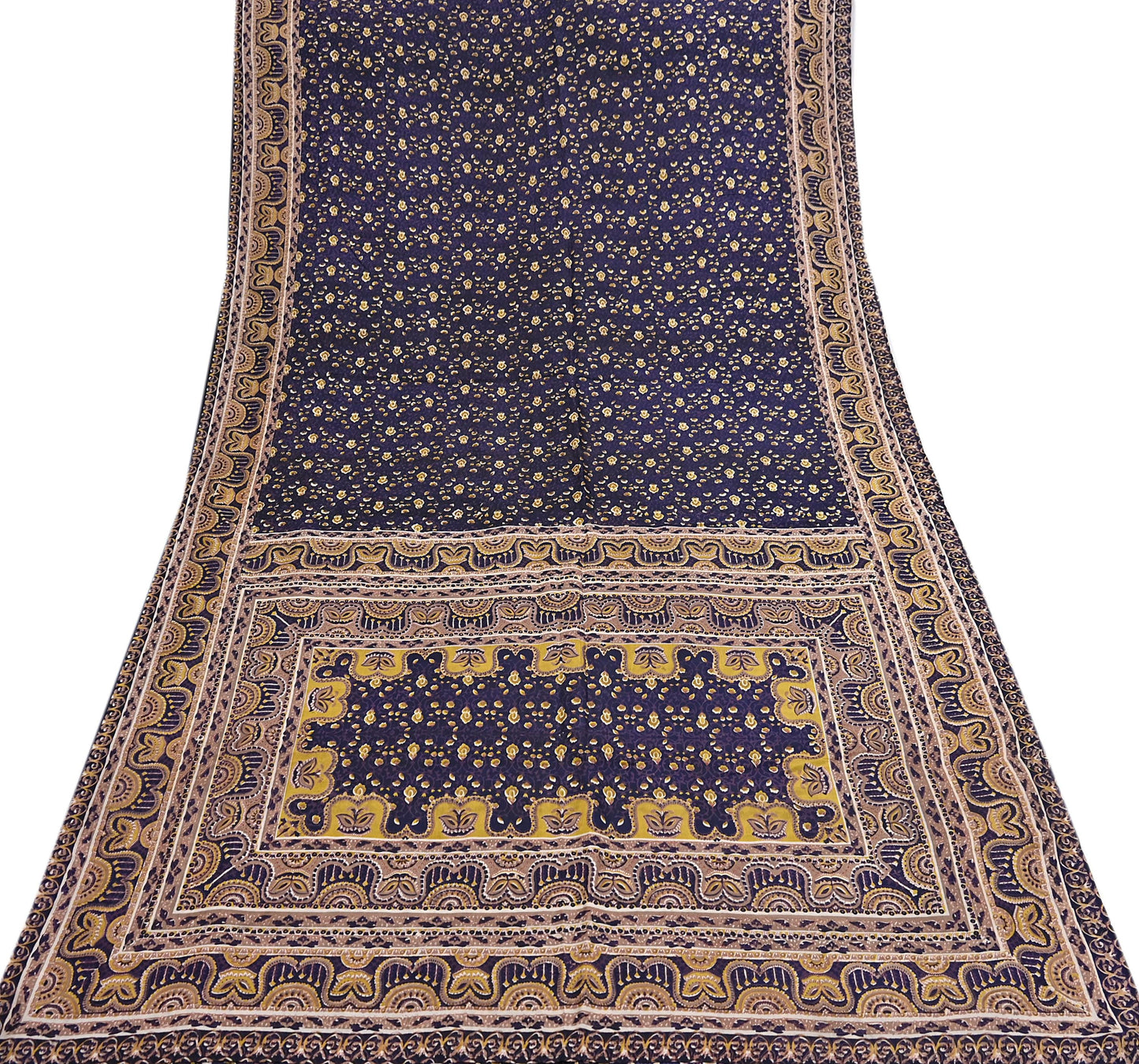 Vintage Blue Pure Silk Saree Indian Printed Floral Silk Fabric 6Yard Soft Sewing Material for Dressmaking, Quilting & Crafts