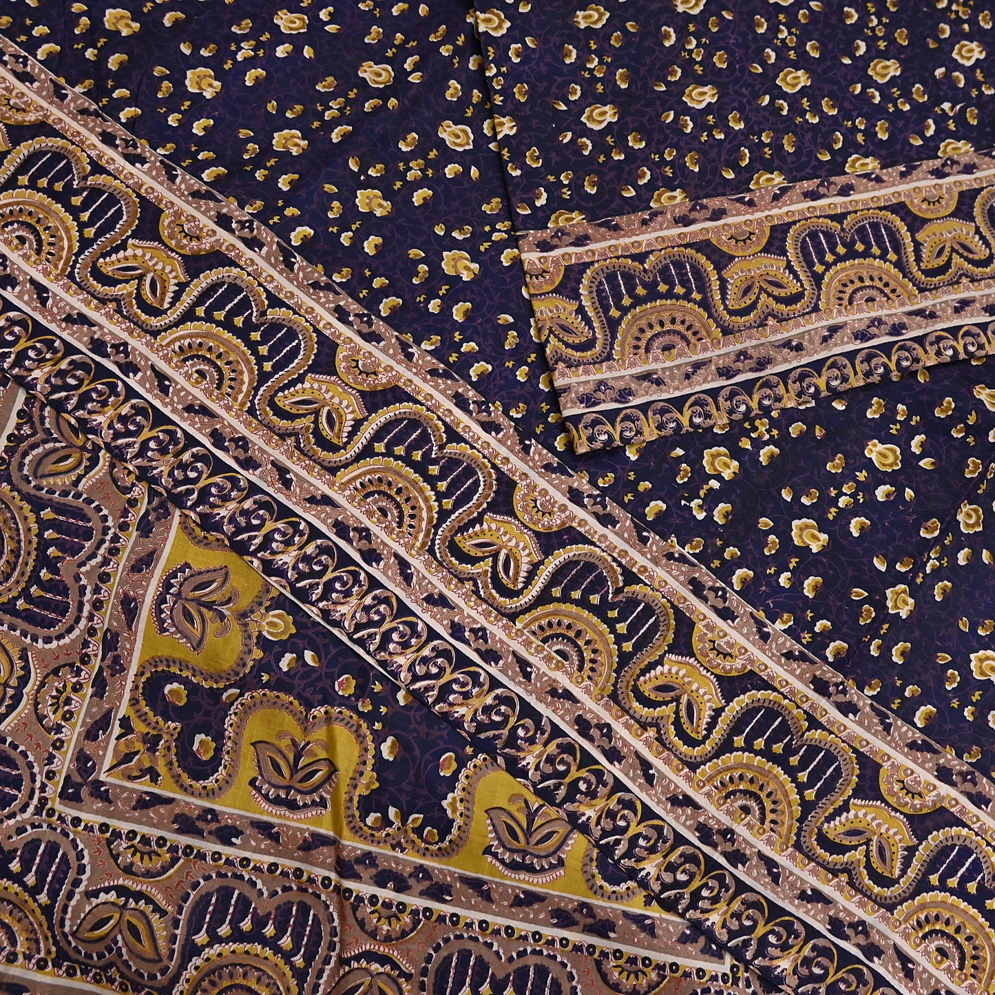 Vintage Blue Pure Silk Saree Indian Printed Floral Silk Fabric 6Yard Soft Sewing Material for Dressmaking, Quilting & Crafts