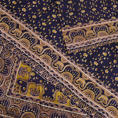 Vintage Blue Pure Silk Saree Indian Printed Floral Silk Fabric 6Yard Soft Sewing Material for Dressmaking, Quilting & Crafts