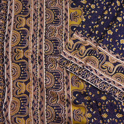 Vintage Blue Pure Silk Saree Indian Printed Floral Silk Fabric 6Yard Soft Sewing Material for Dressmaking, Quilting & Crafts