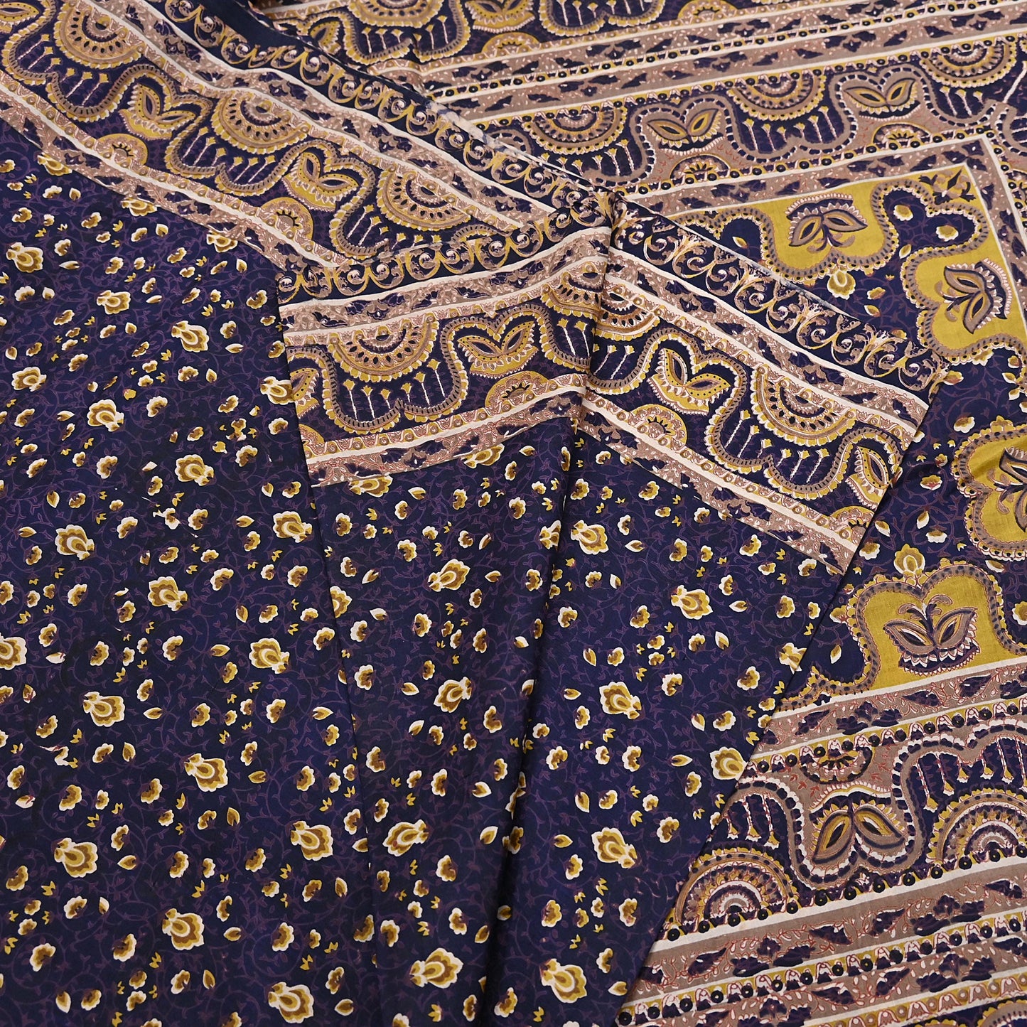 Vintage Blue Pure Silk Saree Indian Printed Floral Silk Fabric 6Yard Soft Sewing Material for Dressmaking, Quilting & Crafts