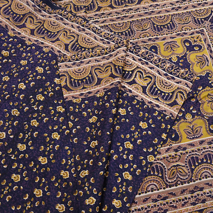 Vintage Blue Pure Silk Saree Indian Printed Floral Silk Fabric 6Yard Soft Sewing Material for Dressmaking, Quilting & Crafts