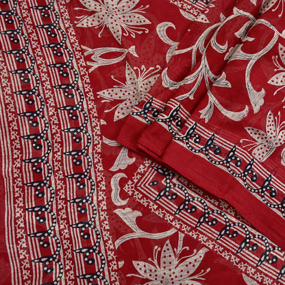 Indian Vintage Red Saree Printed 100% Pure Cotton Sari Craft Fabric 5Yd Soft Sewing Sarong Wrap Dress Making Quilting Crafting