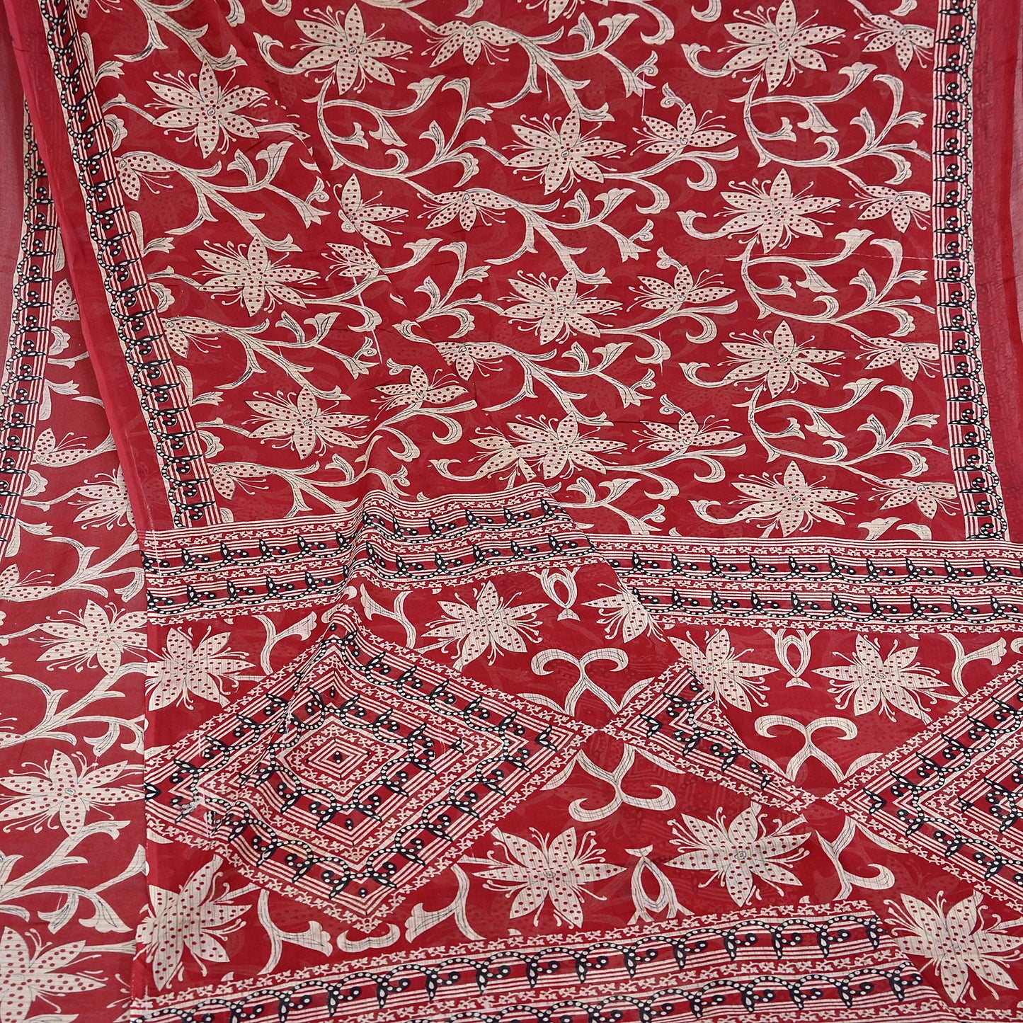 Indian Vintage Red Saree Printed 100% Pure Cotton Sari Craft Fabric 5Yd Soft Sewing Sarong Wrap Dress Making Quilting Crafting