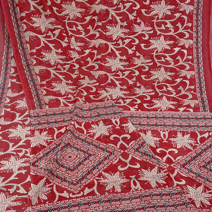 Indian Vintage Red Saree Printed 100% Pure Cotton Sari Craft Fabric 5Yd Soft Sewing Sarong Wrap Dress Making Quilting Crafting