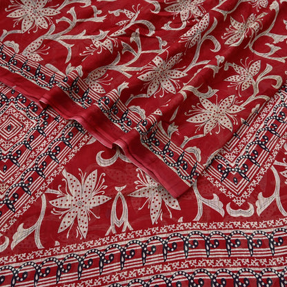 Indian Vintage Red Saree Printed 100% Pure Cotton Sari Craft Fabric 5Yd Soft Sewing Sarong Wrap Dress Making Quilting Crafting