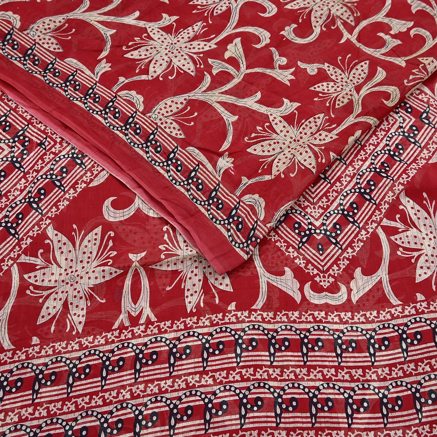 Indian Vintage Red Saree Printed 100% Pure Cotton Sari Craft Fabric 5Yd Soft Sewing Sarong Wrap Dress Making Quilting Crafting