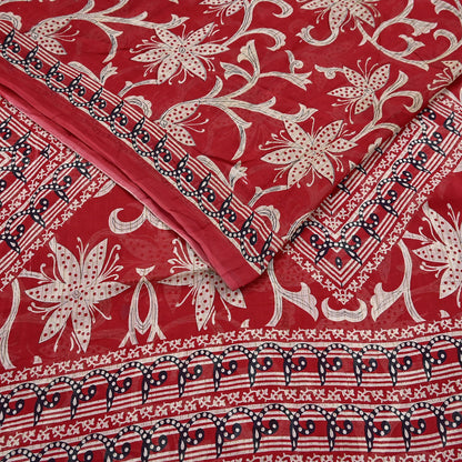 Indian Vintage Red Saree Printed 100% Pure Cotton Sari Craft Fabric 5Yd Soft Sewing Sarong Wrap Dress Making Quilting Crafting