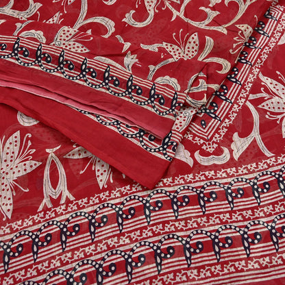 Indian Vintage Red Saree Printed 100% Pure Cotton Sari Craft Fabric 5Yd Soft Sewing Sarong Wrap Dress Making Quilting Crafting