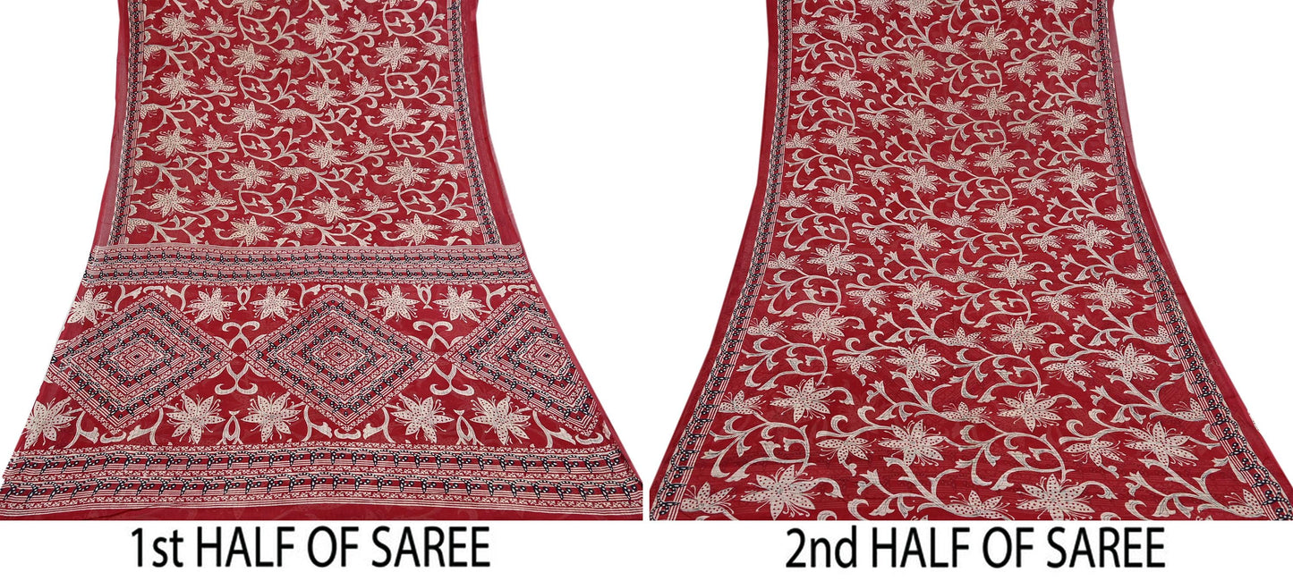 Indian Vintage Red Saree Printed 100% Pure Cotton Sari Craft Fabric 5Yd Soft Sewing Sarong Wrap Dress Making Quilting Crafting