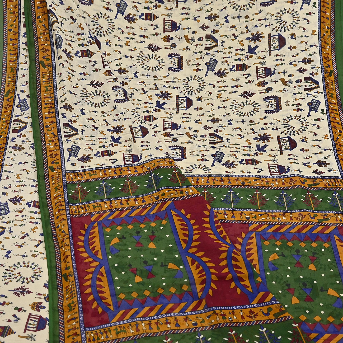 Indian Vintage Ivory & green Saree Warli Print Pure Cotton Sari Craft Fabric 5Yd Soft Sewing Sarong Wrap Boho Dress making Crafting Quilting
