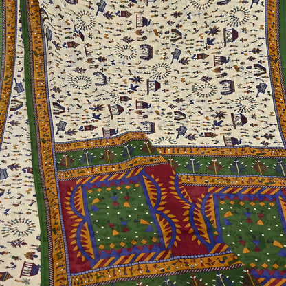 Indian Vintage Ivory & green Saree Warli Print Pure Cotton Sari Craft Fabric 5Yd Soft Sewing Sarong Wrap Boho Dress making Crafting Quilting