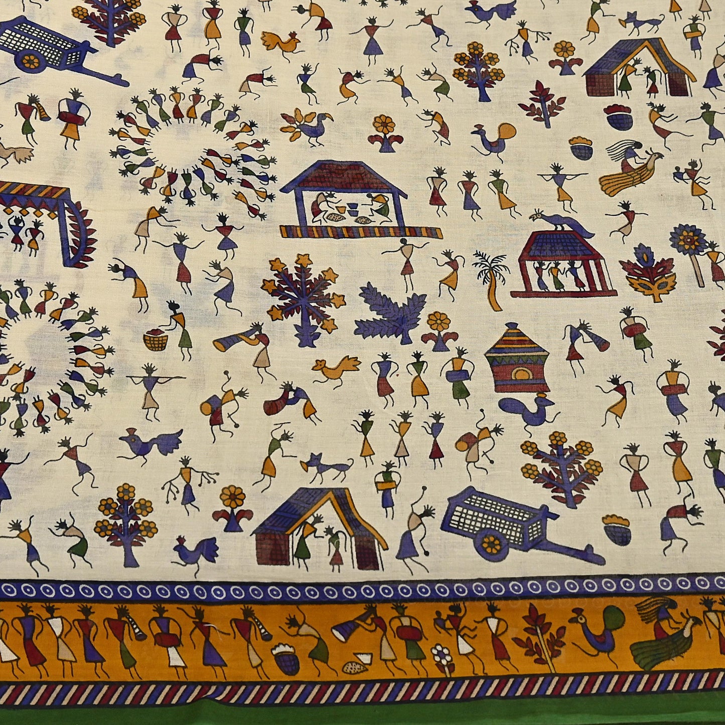 Indian Vintage Ivory & green Saree Warli Print Pure Cotton Sari Craft Fabric 5Yd Soft Sewing Sarong Wrap Boho Dress making Crafting Quilting
