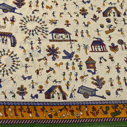 Indian Vintage Ivory & green Saree Warli Print Pure Cotton Sari Craft Fabric 5Yd Soft Sewing Sarong Wrap Boho Dress making Crafting Quilting