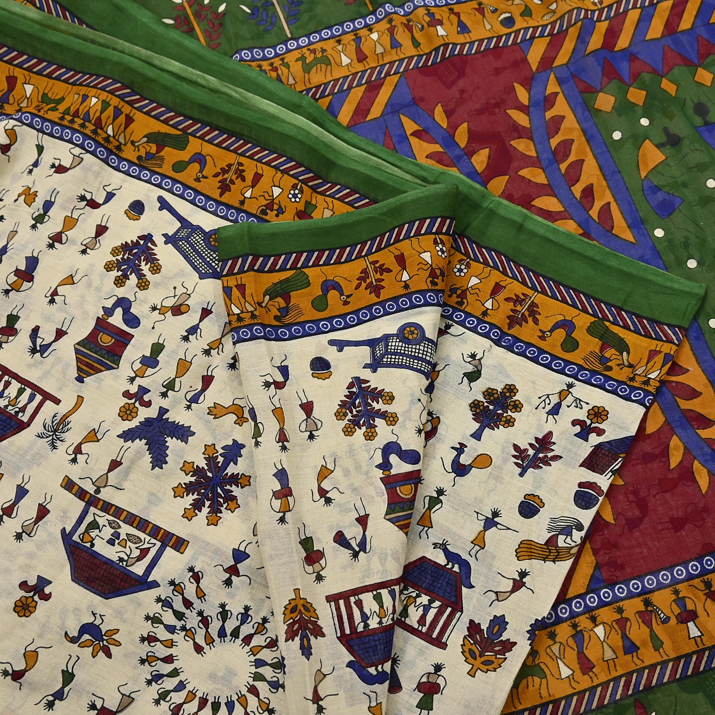 Indian Vintage Ivory & green Saree Warli Print Pure Cotton Sari Craft Fabric 5Yd Soft Sewing Sarong Wrap Boho Dress making Crafting Quilting