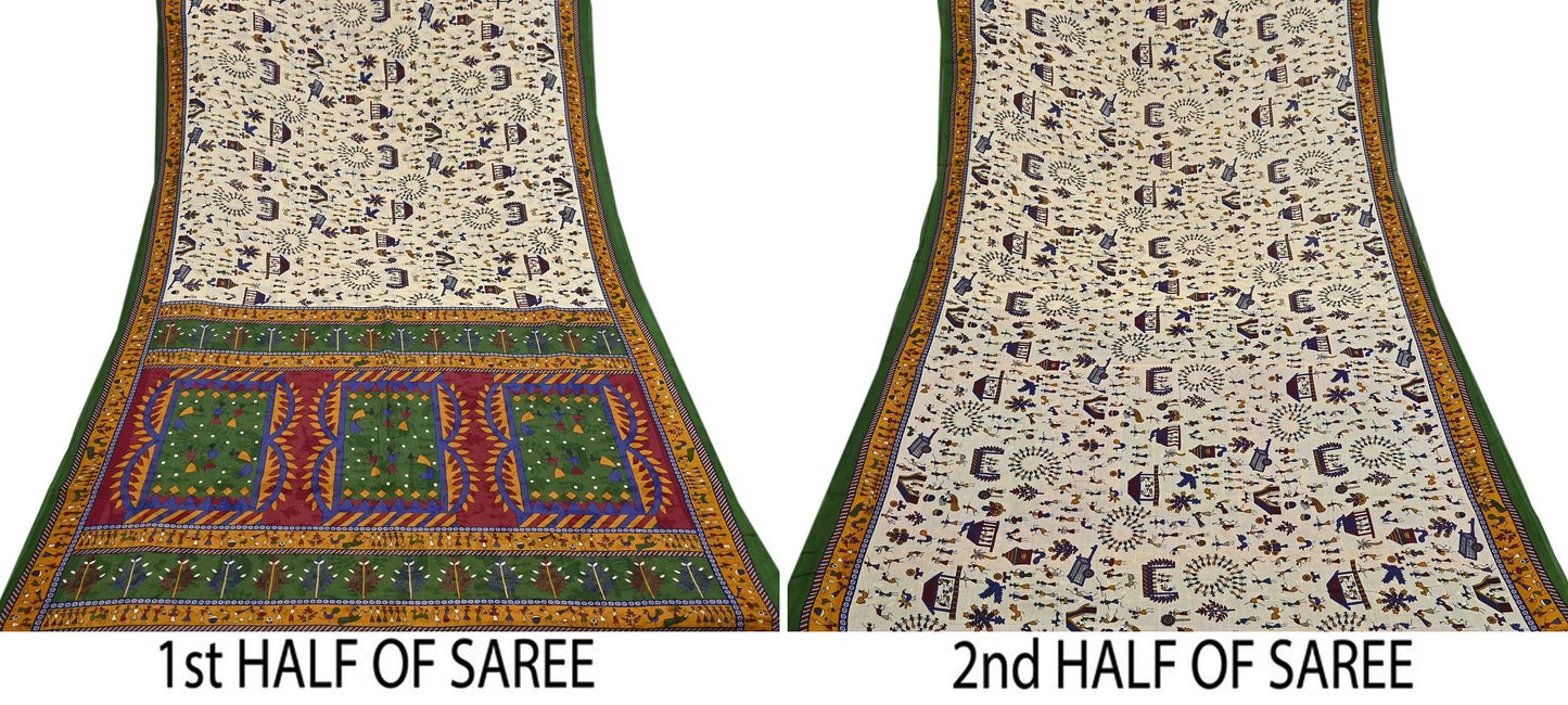 Indian Vintage Ivory & green Saree Warli Print Pure Cotton Sari Craft Fabric 5Yd Soft Sewing Sarong Wrap Boho Dress making Crafting Quilting