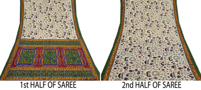 Indian Vintage Ivory & green Saree Warli Print Pure Cotton Sari Craft Fabric 5Yd Soft Sewing Sarong Wrap Boho Dress making Crafting Quilting