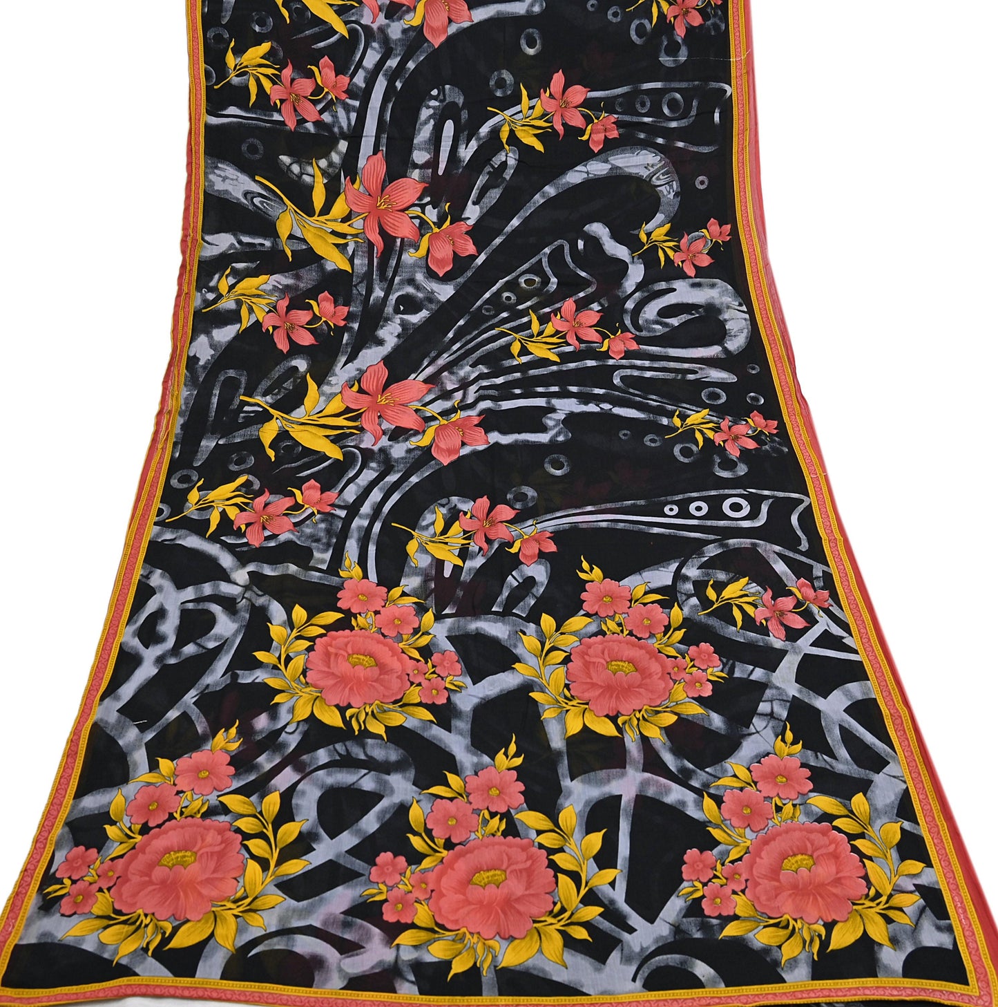 Indian Vintage Sari Gray & Black Printed Pure Cotton Sarees Fabric Floral 5Yd Sarong Wrap Boho Fabric Kimono Soft Dress making Crafting