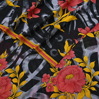 Indian Vintage Sari Gray & Black Printed Pure Cotton Sarees Fabric Floral 5Yd Sarong Wrap Boho Fabric Kimono Soft Dress making Crafting