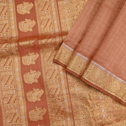 Indian Vintage Sari Peach  Pure Silk Hand Woven Sarees Fabric 5Yd Ethnic Dress Making Crafting Upcycle Quilting Zari Border