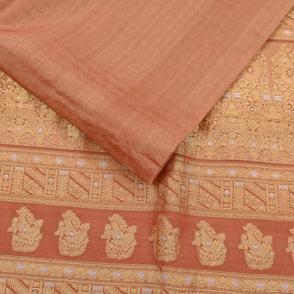 Indian Vintage Sari Peach  Pure Silk Hand Woven Sarees Fabric 5Yd Ethnic Dress Making Crafting Upcycle Quilting Zari Border