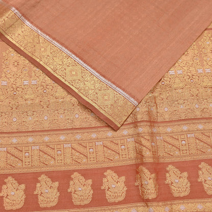 Indian Vintage Sari Peach  Pure Silk Hand Woven Sarees Fabric 5Yd Ethnic Dress Making Crafting Upcycle Quilting Zari Border