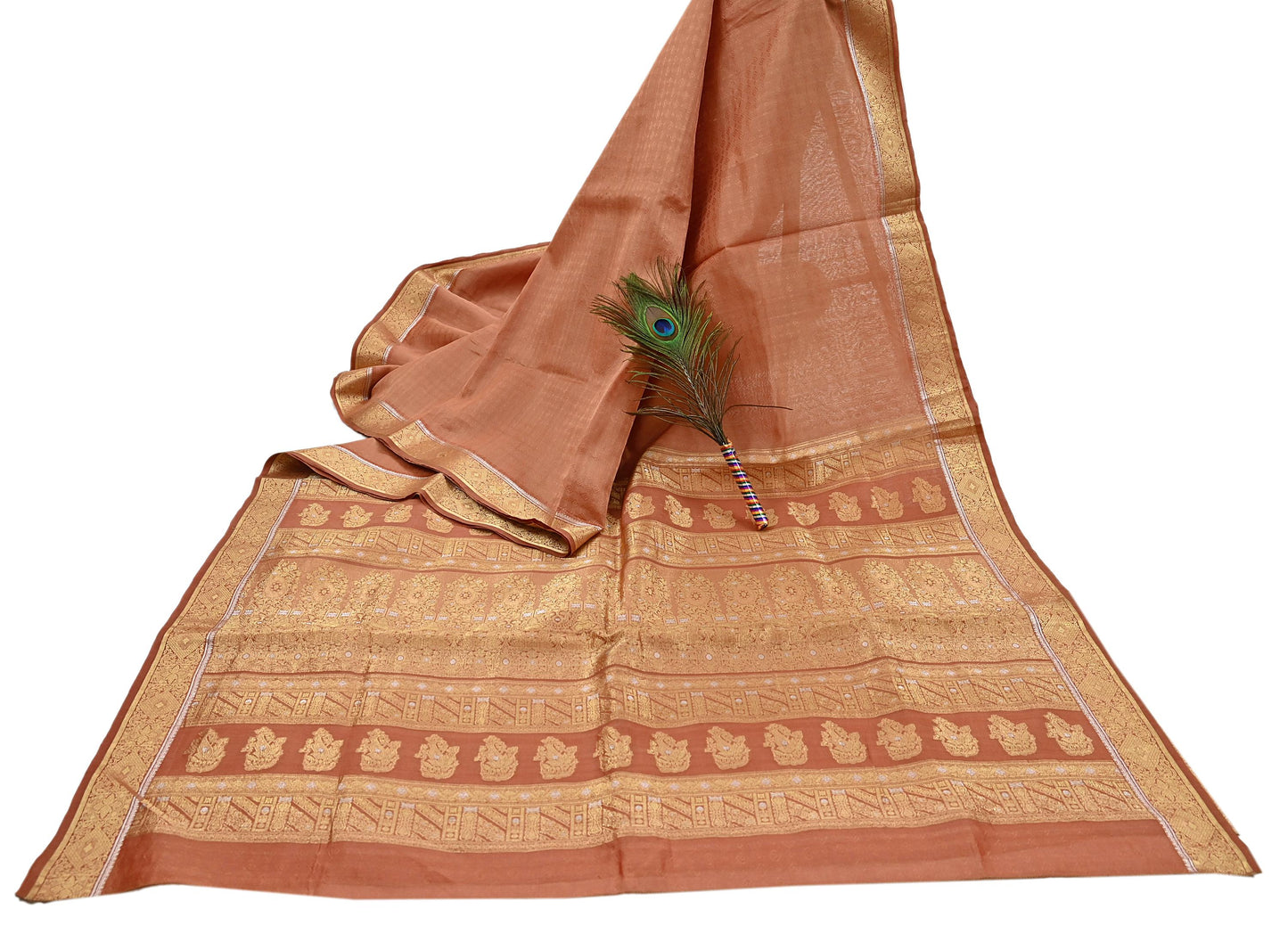 Indian Vintage Sari Peach  Pure Silk Hand Woven Sarees Fabric 5Yd Ethnic Dress Making Crafting Upcycle Quilting Zari Border