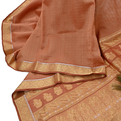 Indian Vintage Sari Peach  Pure Silk Hand Woven Sarees Fabric 5Yd Ethnic Dress Making Crafting Upcycle Quilting Zari Border
