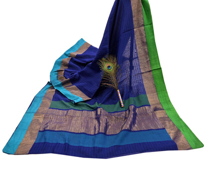 Indian Vintage Sari Blue Blend Silk Woven Saree Craft Fabric 5yd Soft Dress Designing Crafting Quilting Zari Border