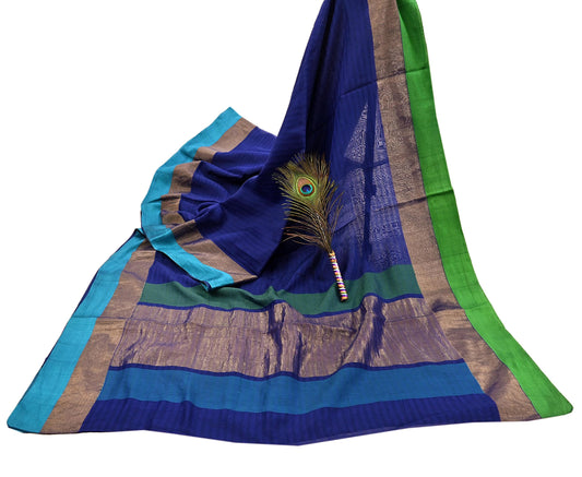 Indian Vintage Sari Blue Blend Silk Woven Saree Craft Fabric 5yd Soft Dress Designing Crafting Quilting Zari Border