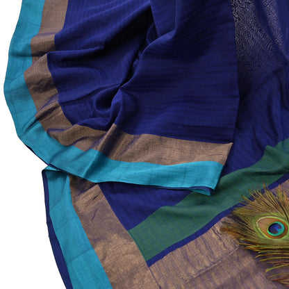 Indian Vintage Sari Blue Blend Silk Woven Saree Craft Fabric 5yd Soft Dress Designing Crafting Quilting Zari Border