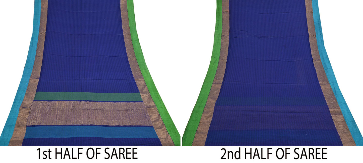 Indian Vintage Sari Blue Blend Silk Woven Saree Craft Fabric 5yd Soft Dress Designing Crafting Quilting Zari Border