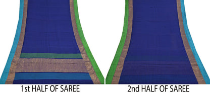 Indian Vintage Sari Blue Blend Silk Woven Saree Craft Fabric 5yd Soft Dress Designing Crafting Quilting Zari Border