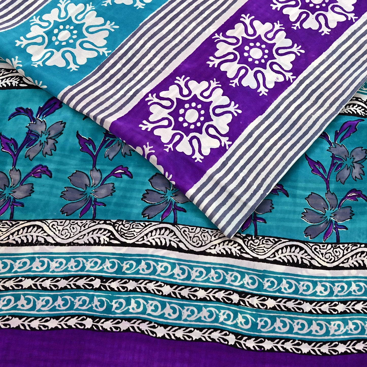 Indian Vintage Purple & blue Pure Crepe Silk Saree Floral Print 5 Yards Soft Sewing Fabric for Dressmaking, Quilting, Crafting Upcycling