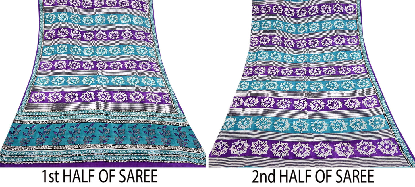 Indian Vintage Purple & blue Pure Crepe Silk Saree Floral Print 5 Yards Soft Sewing Fabric for Dressmaking, Quilting, Crafting Upcycling